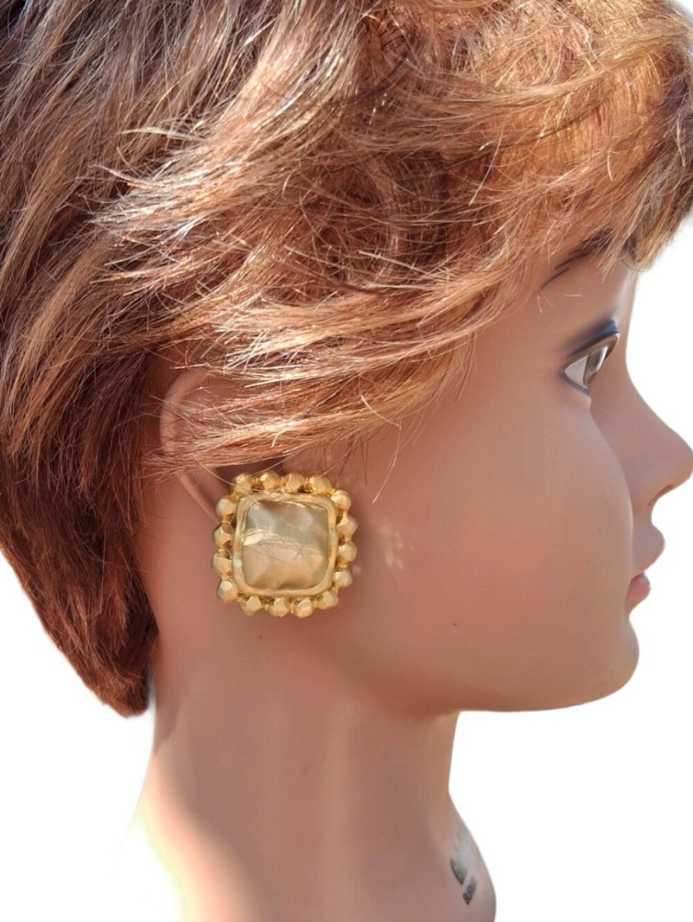 Vintage Matte Gold Tone Square Clip On Earrings Beaded Border Statement